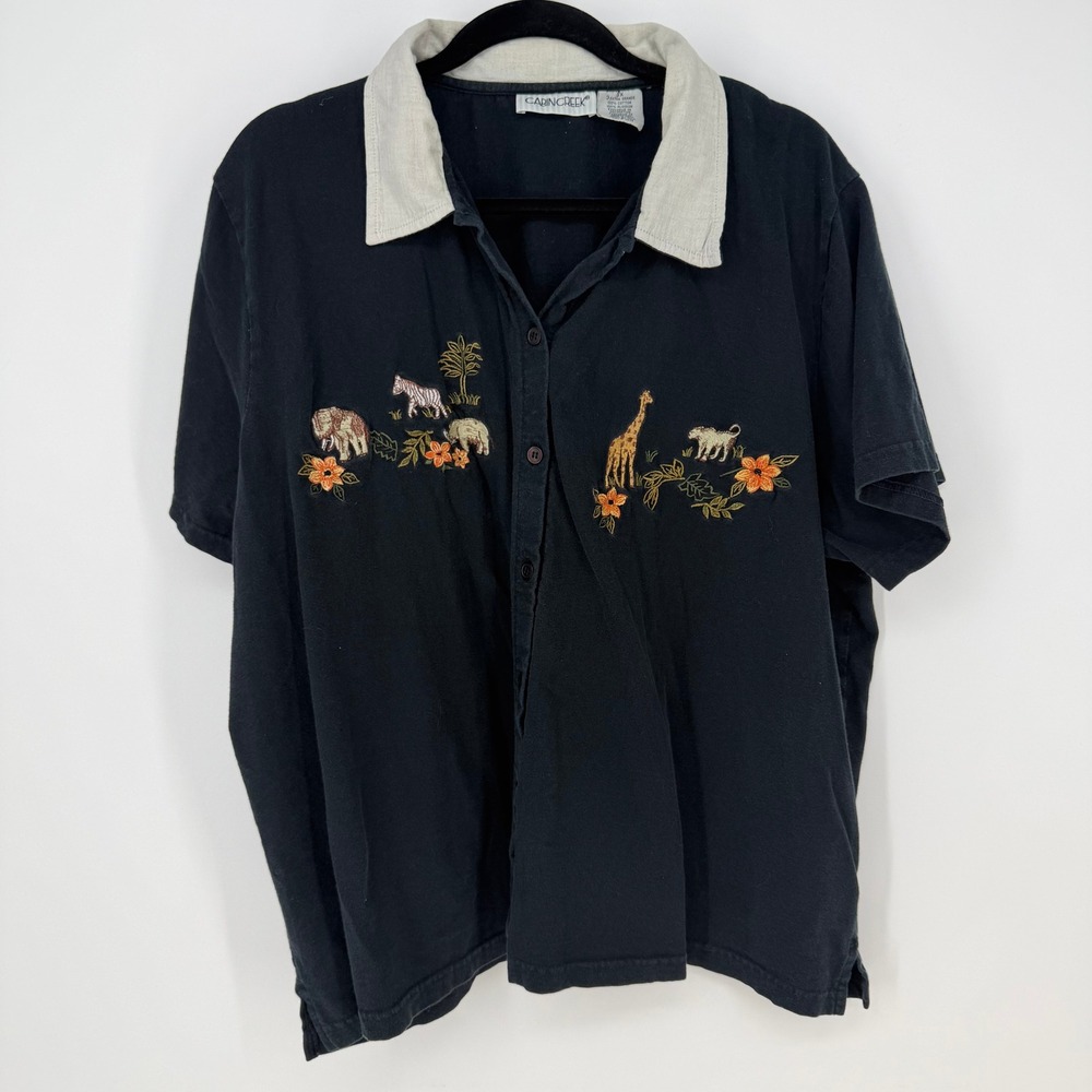 Cabin Creek Button Shirt Womens 3X Black Safari Animal Embroidered Cotton Twee